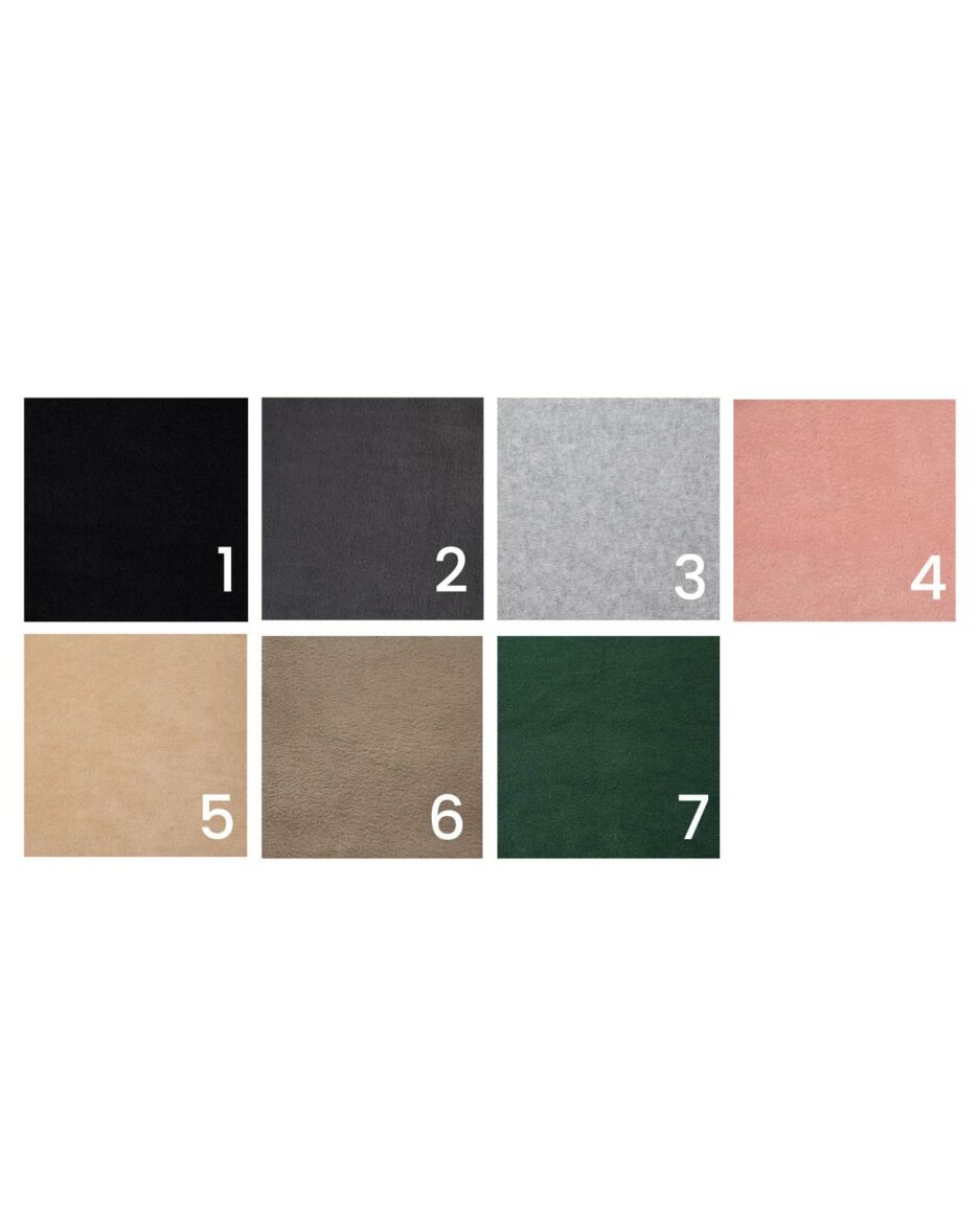 fleece swatch colours, black recycled, stone, silver, blush, beige, taupe and bottle green